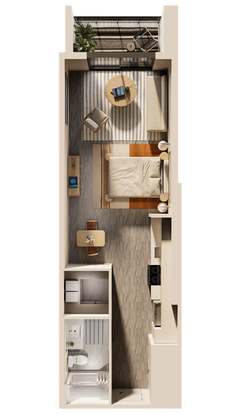 a floor plan of a bedroom with a bed and a bathroom